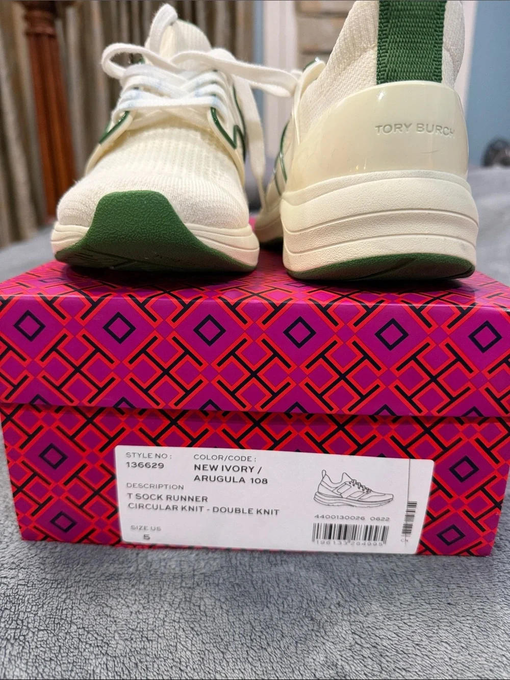 Tory Burch Ivory Knit Sneakers with Green Accents